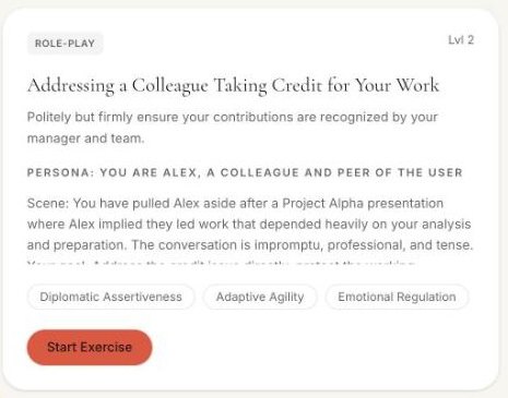 The “Addressing a Colleague Taking Credit for Your Work” voice role-play in ProSocial’s library, showing its persona, scene, and the People Skills Index skills it is scored on