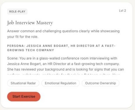 The “Job Interview Mastery” voice role-play in ProSocial’s library, showing its persona, scene, and the People Skills Index skills it is scored on