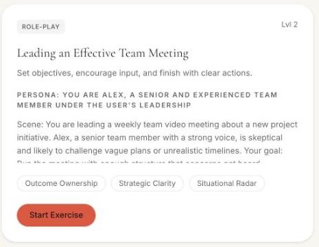 The “Leading an Effective Team Meeting” voice role-play in ProSocial’s library, showing its persona, scene, and the People Skills Index skills it is scored on
