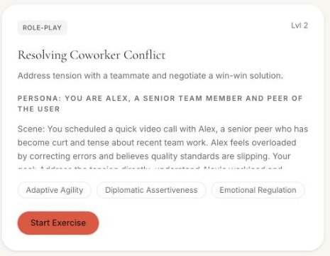 The “Resolving Coworker Conflict” voice role-play in ProSocial’s library, showing its persona, scene, and the People Skills Index skills it is scored on