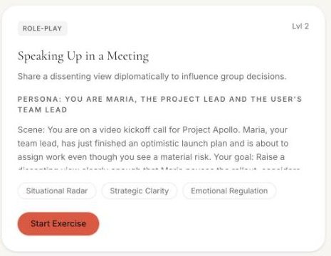 The “Speaking Up in a Meeting” voice role-play in ProSocial’s library, showing its persona, scene, and the People Skills Index skills it is scored on