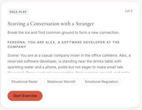 The “Starting a Conversation with a Stranger” voice role-play in ProSocial’s library, showing its persona, scene, and the People Skills Index skills it is scored on